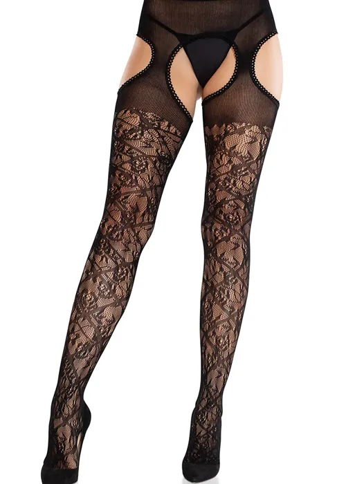 Leg Avenue Cross Hatch Floral Lace Suspender Tights Product image